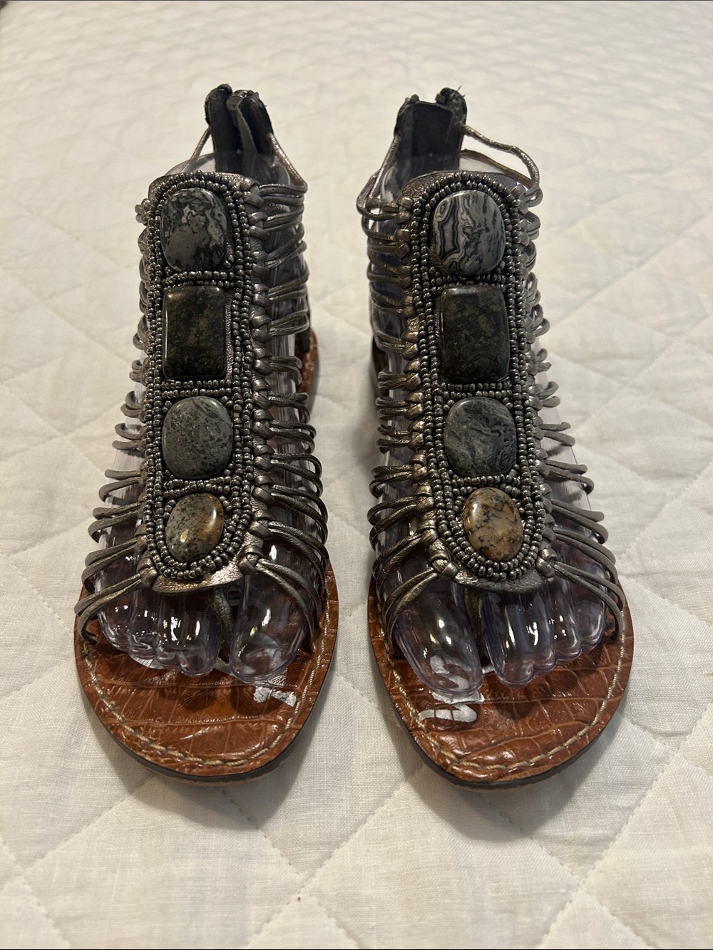 Sam Edelman strappy Hazel Pewter Silver Stone Embellished Gladiator Sandal